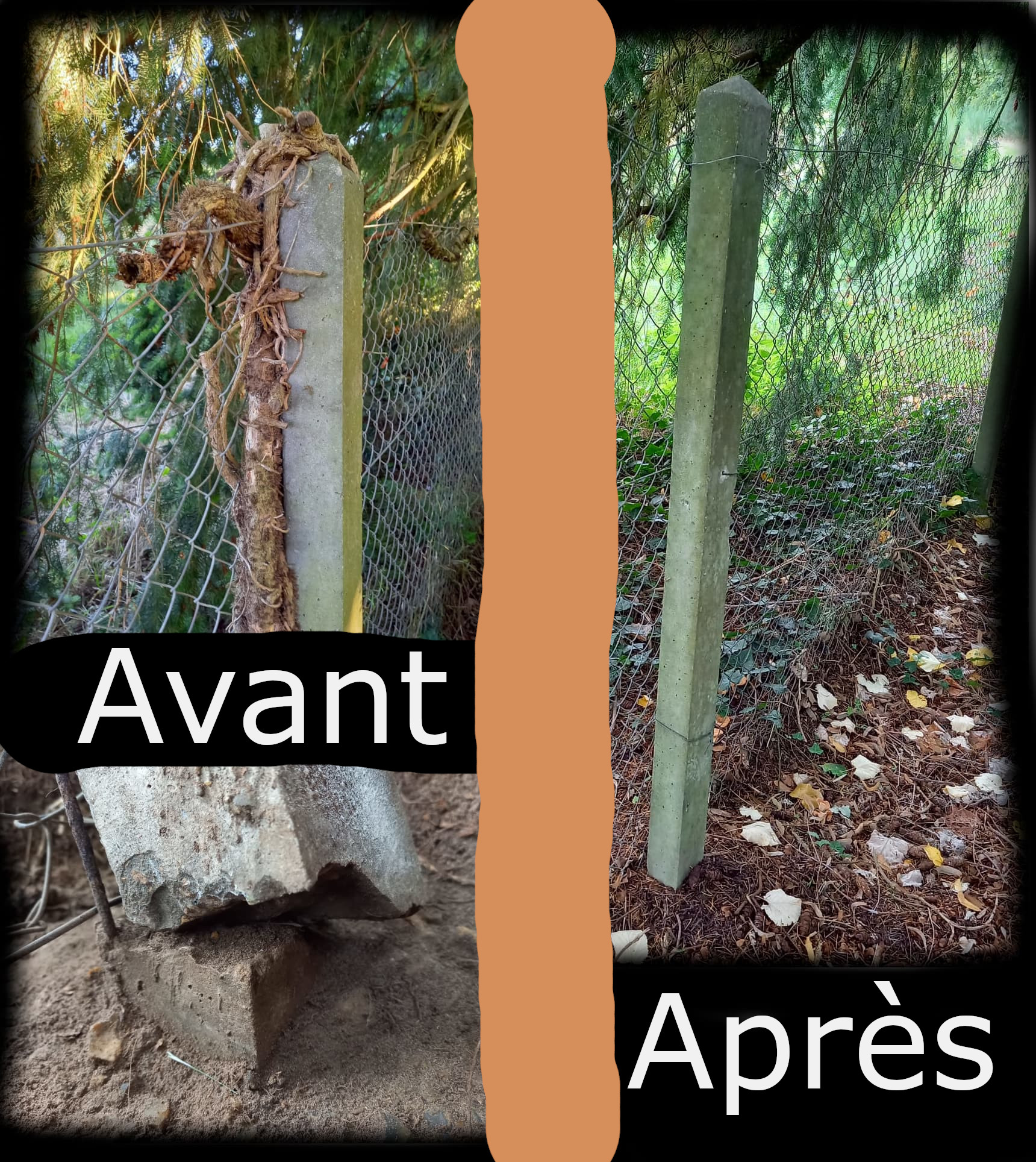 Avant/après réparation de poteau de clôture